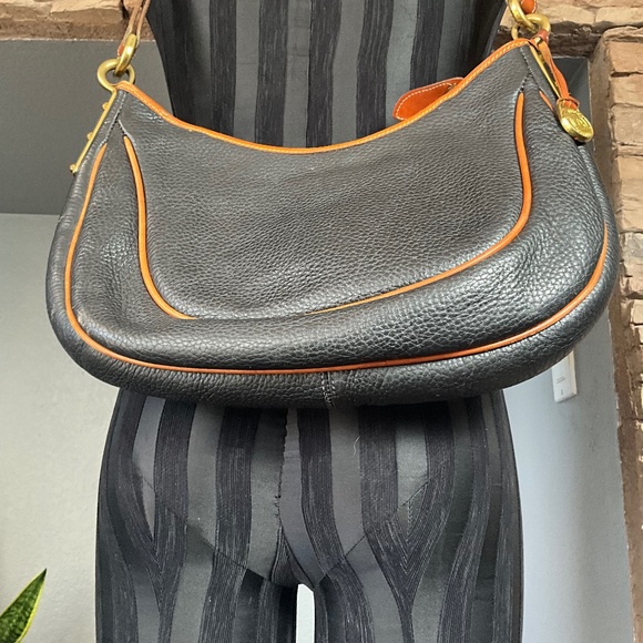 VTG 80s Dooney & Bourke Authentic Leather DB Fob Crescent Hobo Bag Black Tan OS - Picture 7 of 16